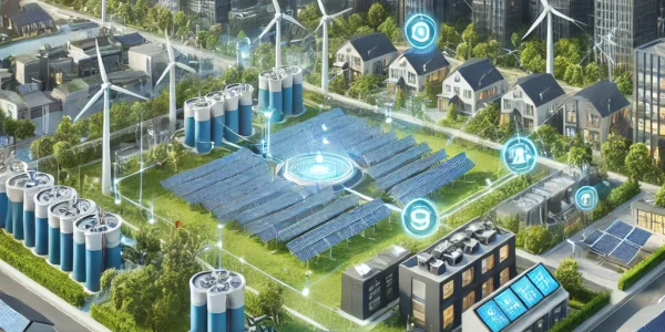 DALL·E 2024-12-31 12.04.26 - A modern microgrid system in an urban setting, showcasing interconnected solar panels, wind turbines, and a central battery storage unit. The scene in
